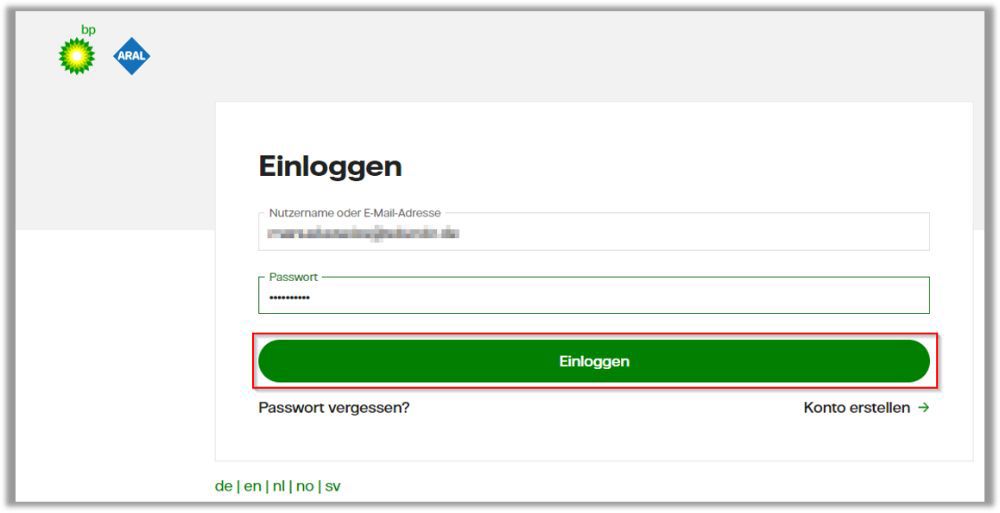 Einloggen in das  Aral - InCharge Portal